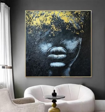 monochrome black white Painting - Black And Gold African face lips